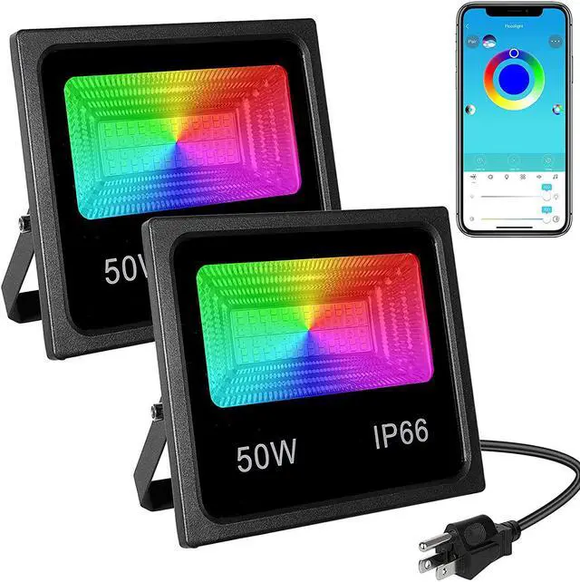 Main image of Led Flood Light Outdoor Color Changing Led Stage Landscape Lighting, 50W RGB Bluetooth Smart Floodlights Outdoor APP Control,16 Million Colors,Timing,Music Sync, IP66 Waterproof US 3-Plug (2 Pack)