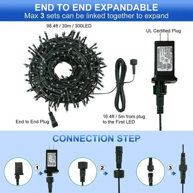 Alt view image 6 of 6 - OmaiLighting 100FT White Christmas Lights Outdoor, 300LED Mini String Lights 8 Modes, Christmas Tree Lights Green Wire, Connectable Holiday Fairy Lights for Garden Yard Wedding Party Home Multicolor