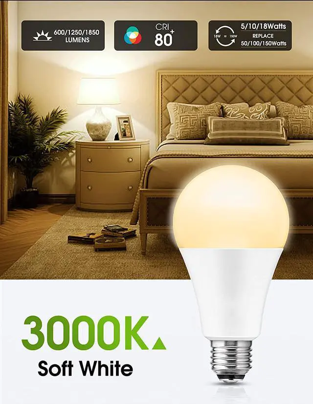 Alt view image 4 of 7 - LED 3-Way A21 Light Bulbs, Bedside Lamp Bulbs, Energy Star & UL-Listed, 3000K Soft White,  50/100/150W Equivalent, Dimmable E27 Base LED Light Bulb for Floor Lamp, Table Lamp, Desk Lamps, Pack of 2