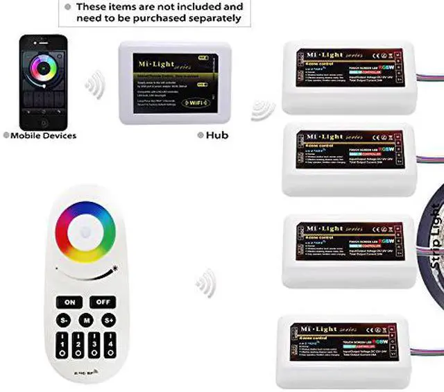 Main image of WiFi Compatible RGB+White Controller Kit: 4pcs RGBW Multi Zone Controllers + RF Remote - 4-zone RGBW LED Controller - Compatible with Smartphone/Tablet PC (Hub not included)