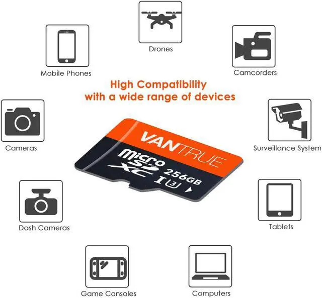 Alt view image 2 of 7 - Vantrue 256GB MicroSDXC UHS-I U3 V30 Class 10 4K UHD Video High Speed Transfer Monitoring SD Card with Adapter for Dash Cams, Body Cams, Action Camera, Surveillance & Security Cams