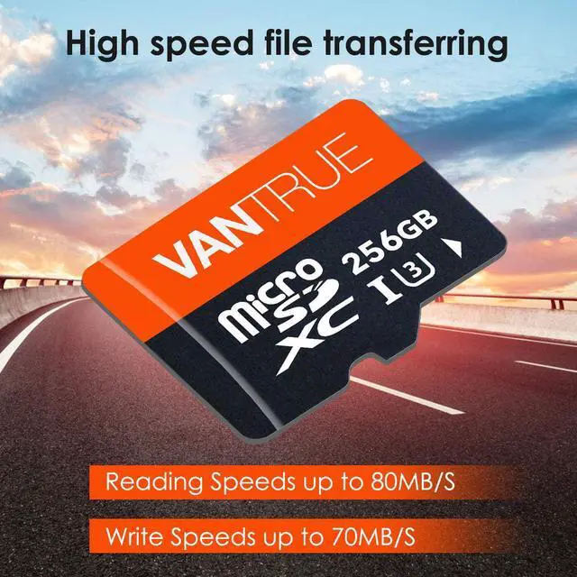 Alt view image 3 of 7 - Vantrue 256GB MicroSDXC UHS-I U3 V30 Class 10 4K UHD Video High Speed Transfer Monitoring SD Card with Adapter for Dash Cams, Body Cams, Action Camera, Surveillance & Security Cams