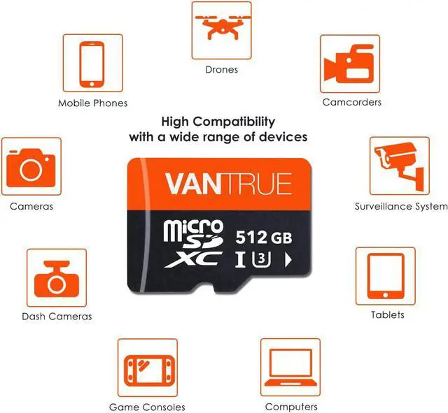 Alt view image 6 of 7 - Vantrue 512GB microSDXC UHS-I U3 4K UHD Video High Speed Transfer Monitoring SD Card with Adapter for Dash Cams, Body Cams, Action Camera, Surveillance & Security Cams