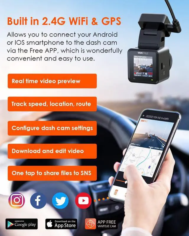 Alt view image 5 of 7 - Vantrue 2.5K WiFi Mini Dash Cam with GPS and Speed, Voice Control Front Car Dash Camera, 24 Hours Parking Mode, Night Vision, Buffered Motion Detection, APP, Wireless Controller, Support 512GB Max