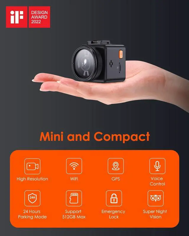 Alt view image 2 of 7 - Vantrue 2.5K WiFi Mini Dash Cam with GPS and Speed, Voice Control Front Car Dash Camera, 24 Hours Parking Mode, Night Vision, Buffered Motion Detection, APP, Wireless Controller, Support 512GB Max