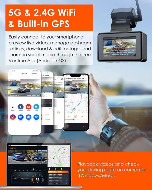 Alt view image 3 of 7 - Vantrue E2 -G 2.5K WiFi Dual Dash Cam with GPS, Voice Control Front and Rear 1944P+1944P 2.45" Mini Car Dash Camera, Buffered Parking Mode, 160°, WDR, Night Vision, Supercapacitor, Support 512GB Max
