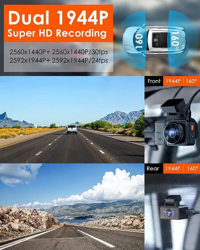 Alt view image 4 of 7 - Vantrue E2 -G 2.5K WiFi Dual Dash Cam with GPS, Voice Control Front and Rear 1944P+1944P 2.45" Mini Car Dash Camera, Buffered Parking Mode, 160°, WDR, Night Vision, Supercapacitor, Support 512GB Max