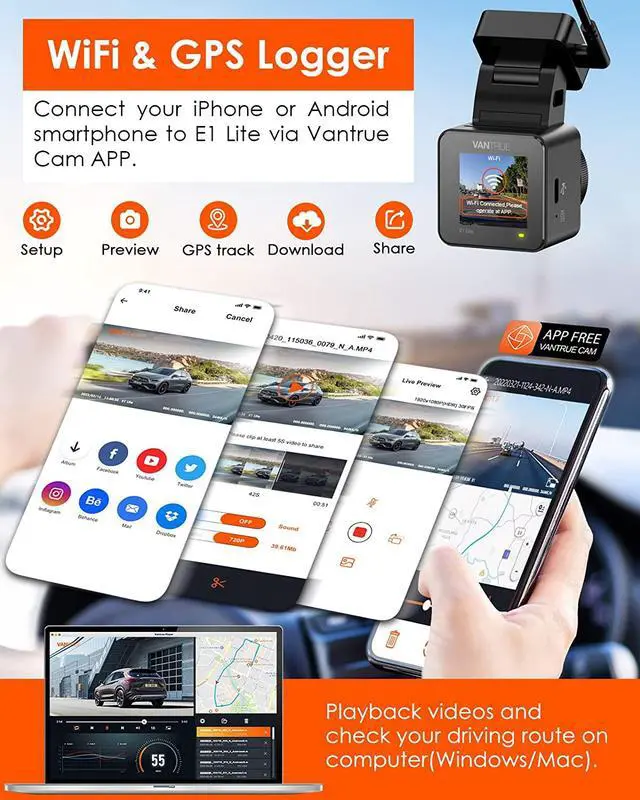 Alt view image 5 of 6 - Vantrue E1-G Lite WiFi Mini Dash Cam with GPS, 1080P Voice Control Car Dash Camera with Super Night Vision, 24 Hours Parking Mode, Motion Detection, Support 512GB