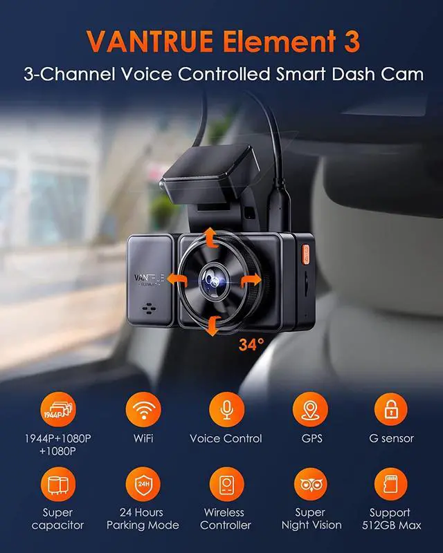 Alt view image 5 of 7 - Vantrue E3G 2.7K 3 Channel WiFi Dash Cam, 1944P+1080P+1080P Front and Rear Inside 3 Way Car Camera with GPS, Voice Control, IR Night Vision, Wireless Controller, 24 Hrs Parking Mode, Support 512GB Max