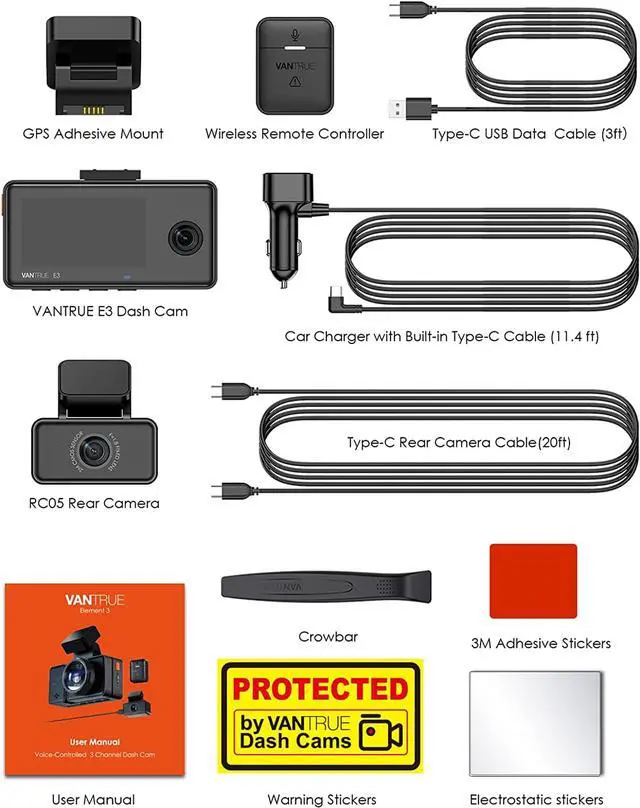 Alt view image 7 of 7 - Vantrue E3G 2.7K 3 Channel WiFi Dash Cam, 1944P+1080P+1080P Front and Rear Inside 3 Way Car Camera with GPS, Voice Control, IR Night Vision, Wireless Controller, 24 Hrs Parking Mode, Support 512GB Max