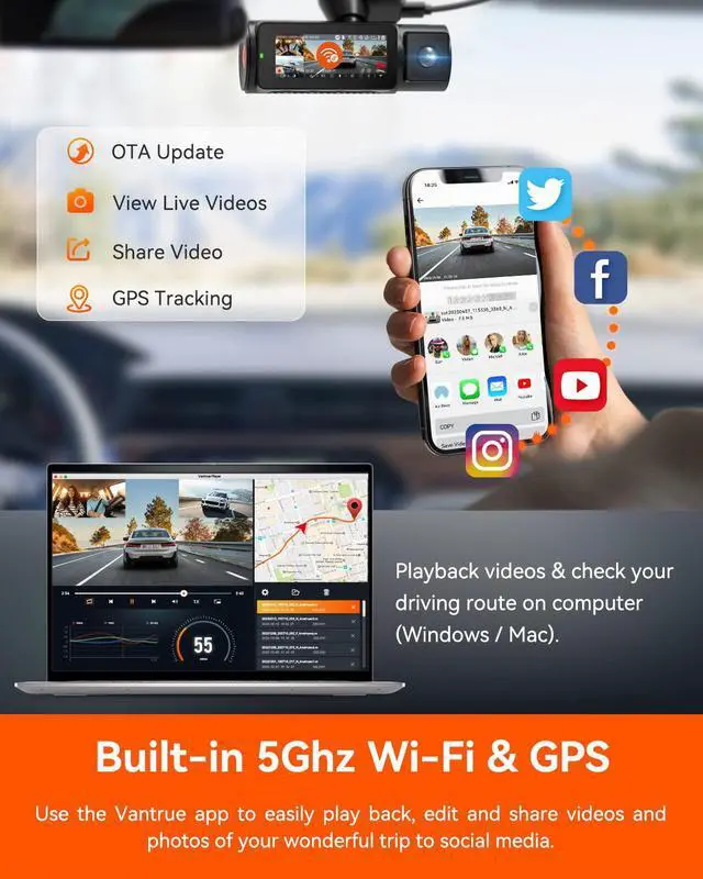 Alt view image 2 of 14 - Vantrue 3 Channel 4K WiFi Dash Cam, STARVIS 2 IMX678 Night Vision, 4K+1080P+1080P Front Inside and Rear Triple Car Camera, Voice Control, GPS, 4K HDR, 24H Parking Mode, Support 512GB Max