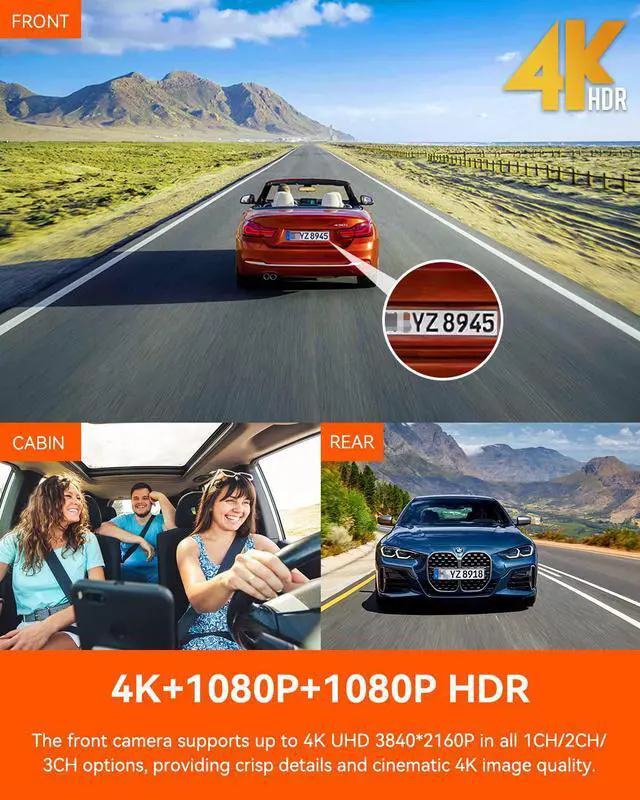 Alt view image 6 of 14 - Vantrue 3 Channel 4K WiFi Dash Cam, STARVIS 2 IMX678 Night Vision, 4K+1080P+1080P Front Inside and Rear Triple Car Camera, Voice Control, GPS, 4K HDR, 24H Parking Mode, Support 512GB Max
