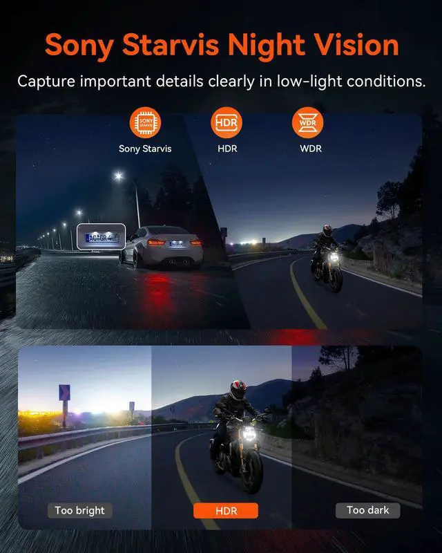 Alt view image 3 of 7 - Motorcycle 4K Dash Cam, Vantrue F1-G 4K+ 1080P Front and Rear Motorcycle Camera, No Screen, Built-in GPS, Full Body Waterproof