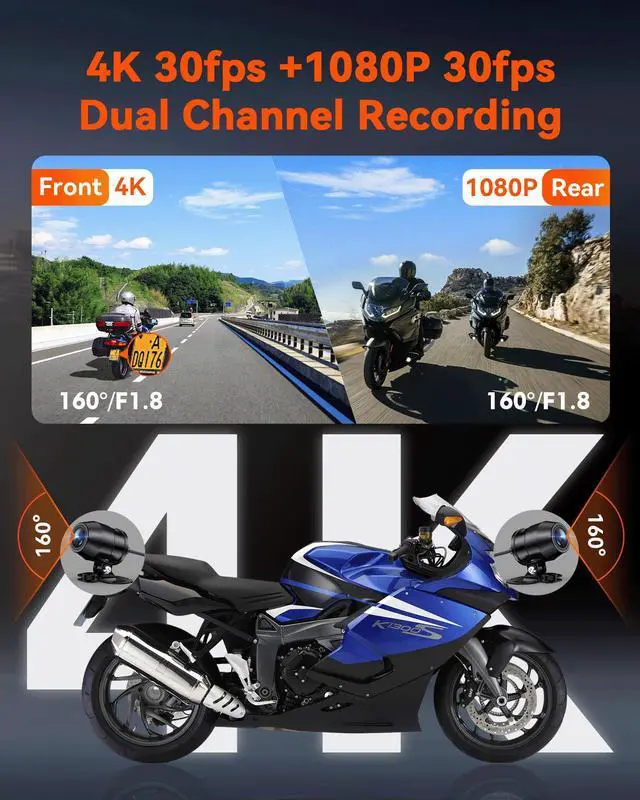Alt view image 2 of 7 - Motorcycle 4K Dash Cam, Vantrue F1-G 4K+ 1080P Front and Rear Motorcycle Camera, No Screen, Built-in GPS, Full Body Waterproof