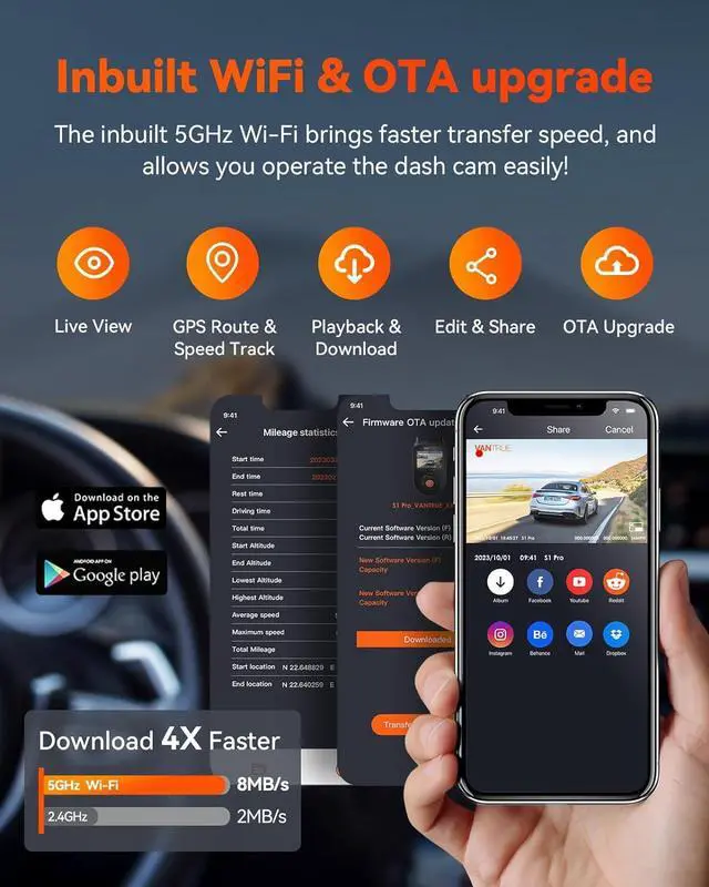 Alt view image 2 of 7 - Vantrue S1 Pro-G 2.7K Front and Rear 5G WiFi Dash Cam, STARVIS 2 Dual HDR Night Vision, 1440P 60FPS Hidden Dash Camera for Cars, Built-in GPS, Voice Control, 24 Hours Parking Mode, Support 512GB Max