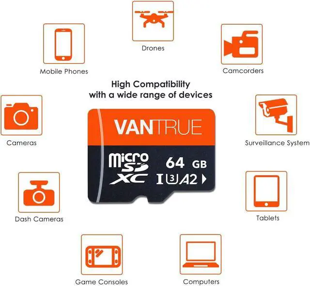 Alt view image 6 of 7 - Vantrue 64GB microSD Card with Adapter, U3 UHS-I High Speed SD Card for Dash Cams & Home Security System Video Cameras