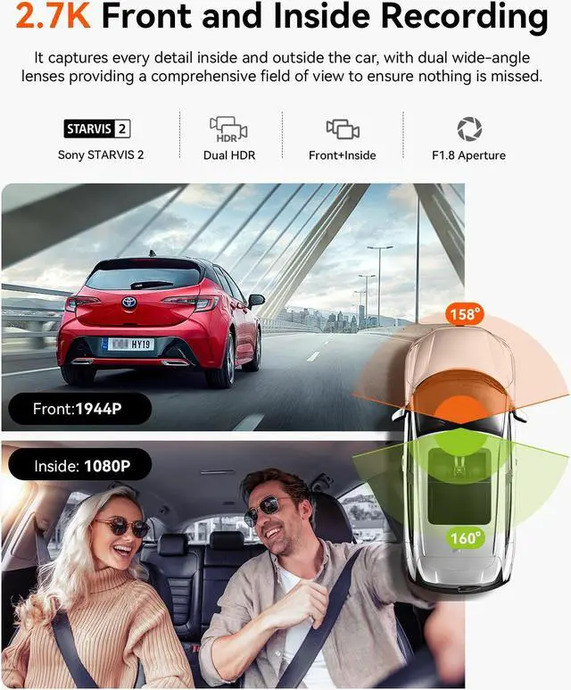 Alt view image 2 of 7 - Vantrue N2X 2.7K Dash Cam Front and Inside, 5G WiFi Dual Dash Camera for Car with Starvis 2 HDR IR Night Vision, GPS, 24/7 Buffered Parking Mode, 60FPS, Voice Control, Support 512GB Max