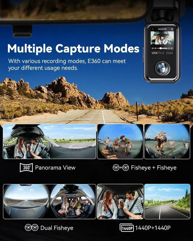 Alt view image 2 of 7 - Vantrue E360 ACE 5.2K 360° Panoramic WiFi Dash Cam, Handheld Action Camera, STARVIS 2, HDR, IR Night Vision, Front Rear Inside Dashcam, Voice/Touch Control, GPS, 24/7 Parking Mode, Support 512GB Max