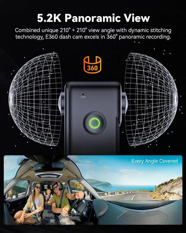 Alt view image 4 of 7 - Vantrue E360 ACE 5.2K 360° Panoramic WiFi Dash Cam, Handheld Action Camera, STARVIS 2, HDR, IR Night Vision, Front Rear Inside Dashcam, Voice/Touch Control, GPS, 24/7 Parking Mode, Support 512GB Max