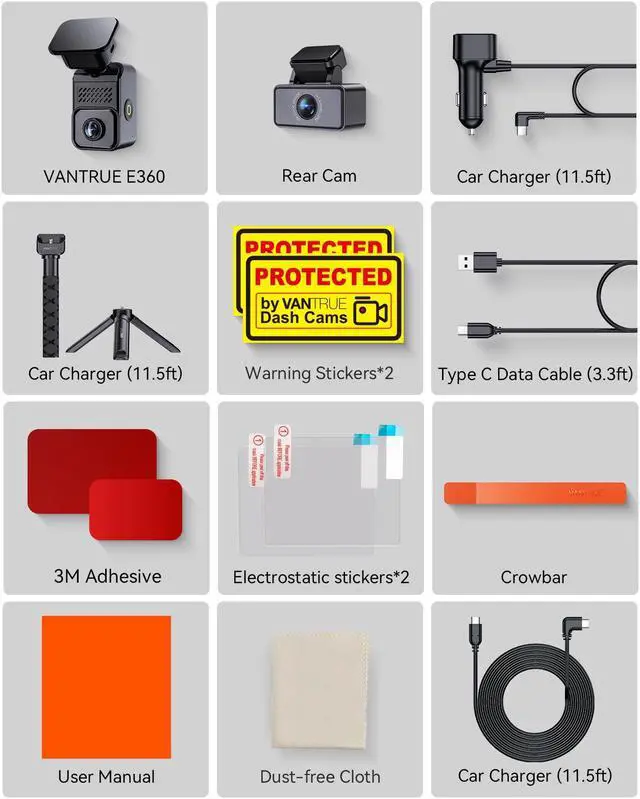 Alt view image 7 of 7 - Vantrue E360 ACE 5.2K 360° Panoramic WiFi Dash Cam, Handheld Action Camera, STARVIS 2, HDR, IR Night Vision, Front Rear Inside Dashcam, Voice/Touch Control, GPS, 24/7 Parking Mode, Support 512GB Max