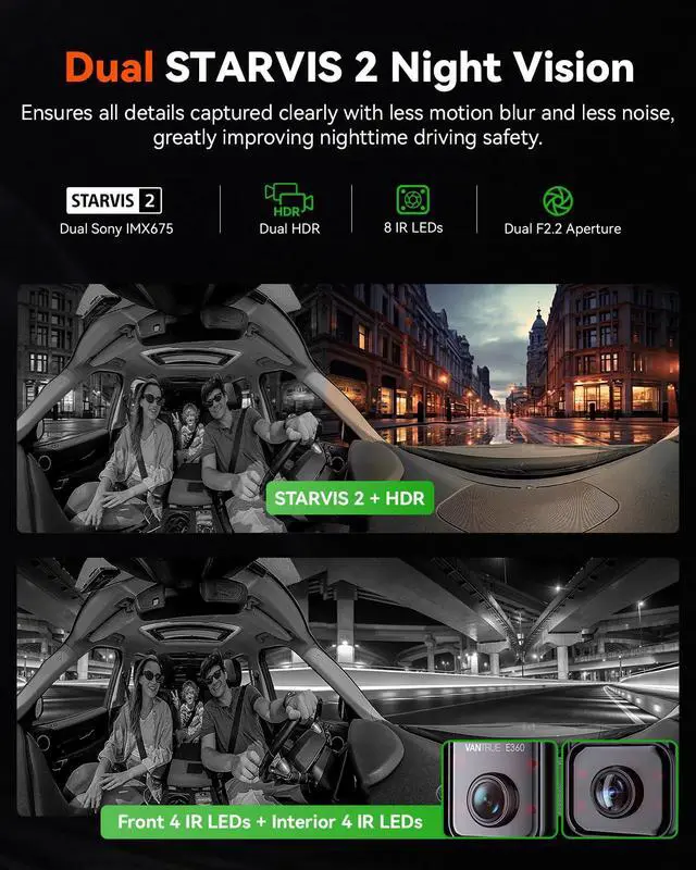 Alt view image 3 of 7 - Vantrue E360 Panoramic 5.2K WIFI Dash Cam,STARVIS 2 Night Vision,Voice Control,GPS,24 Hours Parking Mode, Support 512GB Max