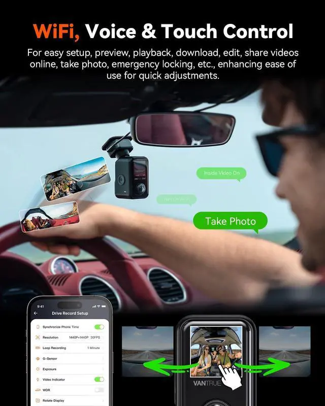 Alt view image 4 of 7 - Vantrue E360 Panoramic 5.2K WIFI Dash Cam,STARVIS 2 Night Vision,Voice Control,GPS,24 Hours Parking Mode, Support 512GB Max