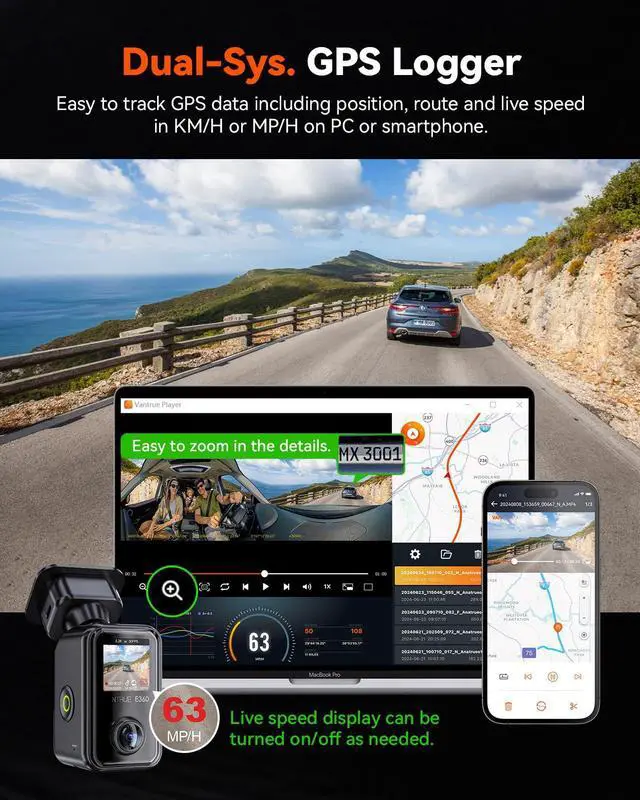 Alt view image 6 of 7 - Vantrue E360 Panoramic 5.2K WIFI Dash Cam,STARVIS 2 Night Vision,Voice Control,GPS,24 Hours Parking Mode, Support 512GB Max