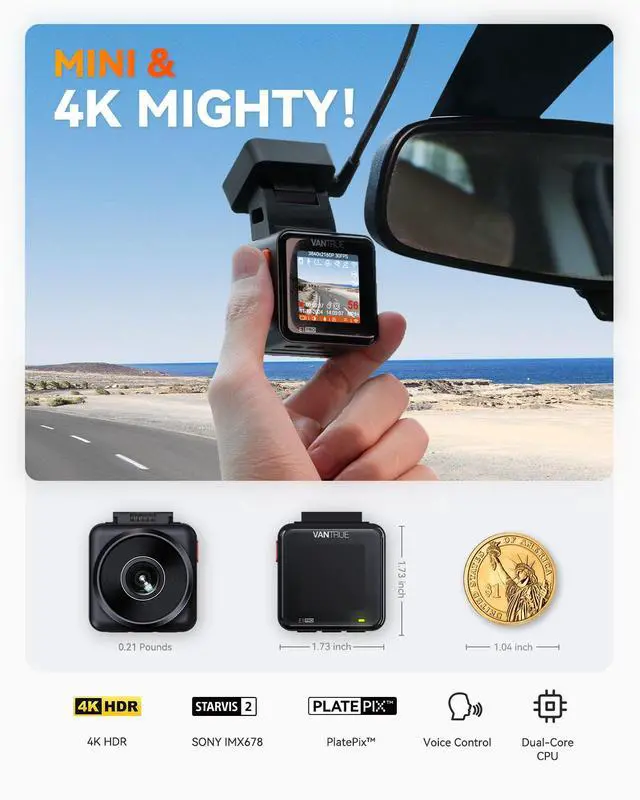 Alt view image 2 of 7 - Vantrue E1 Pro 4K Mini Dash Cam Front, STARVIS 2 Plate Pix HDR Night Vision Car Camera, Built-in 5G WiFi GPS, LTE Support, Voice Control, 24/7 Buffered Parking Mode, Support 1TB Max