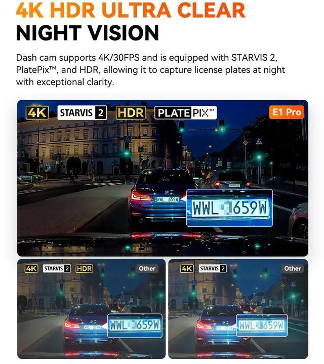 Alt view image 3 of 7 - Vantrue E1 Pro 4K Mini Dash Cam Front, STARVIS 2 Plate Pix HDR Night Vision Car Camera, Built-in 5G WiFi GPS, LTE Support, Voice Control, 24/7 Buffered Parking Mode, Support 1TB Max