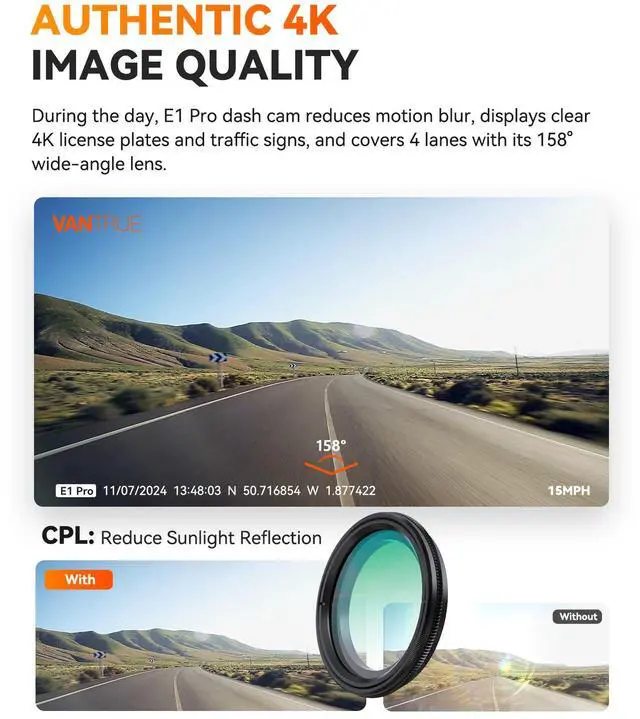 Alt view image 4 of 7 - Vantrue E1 Pro 4K Mini Dash Cam Front, STARVIS 2 Plate Pix HDR Night Vision Car Camera, Built-in 5G WiFi GPS, LTE Support, Voice Control, 24/7 Buffered Parking Mode, Support 1TB Max