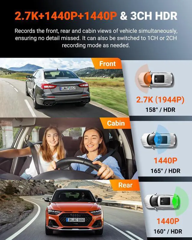 Alt view image 2 of 7 - Vantrue N4S 3 Channel WiFi Dash Cam, STARVIS 2, PlatePix, 2.7K+1440P+1440 Front Inside Rear Dashcam, HDR, IR Night Vision, Voice Control, GPS, LTE Support, 24/7 Buffered Parking Mode, Support 1TB Max