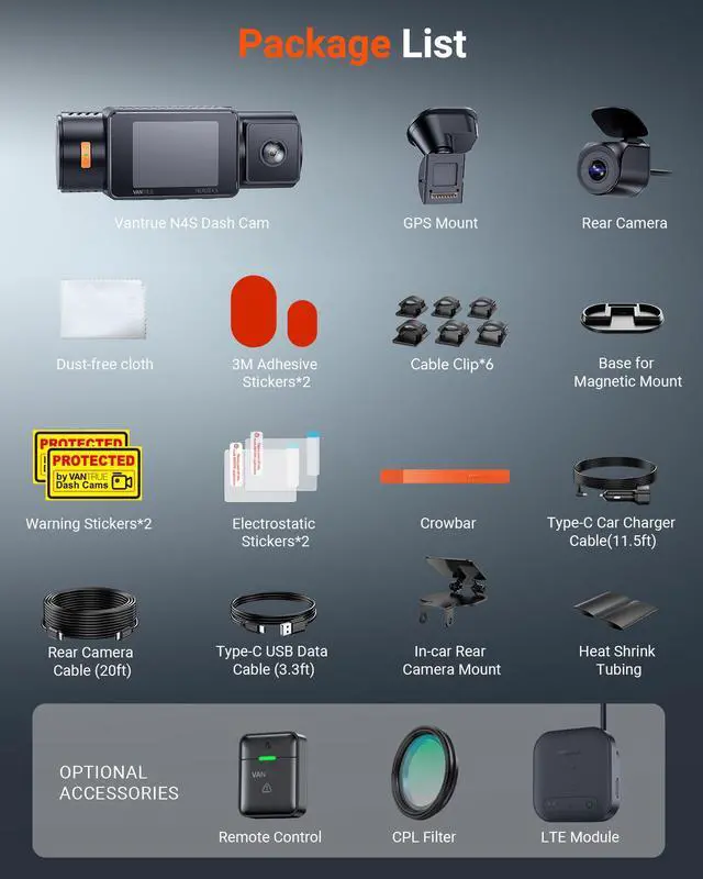 Alt view image 7 of 7 - Vantrue N4S 3 Channel WiFi Dash Cam, STARVIS 2, PlatePix, 2.7K+1440P+1440 Front Inside Rear Dashcam, HDR, IR Night Vision, Voice Control, GPS, LTE Support, 24/7 Buffered Parking Mode, Support 1TB Max