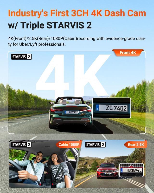 Alt view image 2 of 7 - Vantrue N4 Pro S 4K 3 Channel Dash Cam, STARVIS 2 IMX678 x PlatePix x HDR Night Vision, 4K+1080P+1440P Front Inside and Rear Dash Camera, IP67 Waterproof Rear Camera, 24H Parking Mode, Support 1TB