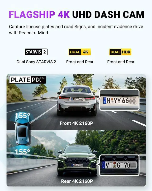 Alt view image 2 of 7 - Vantrue S1 Pro Max AI Dual 4K Dash Cam Front and Rear, 4K+4K Dash Camera with ADAS/BSD, STARVIS 2 HDR PlatePix Night Vision, 5GHz WiFi, GPS, Optional LTE, 24/7 Parking Mode, Voice Control, Support 1T