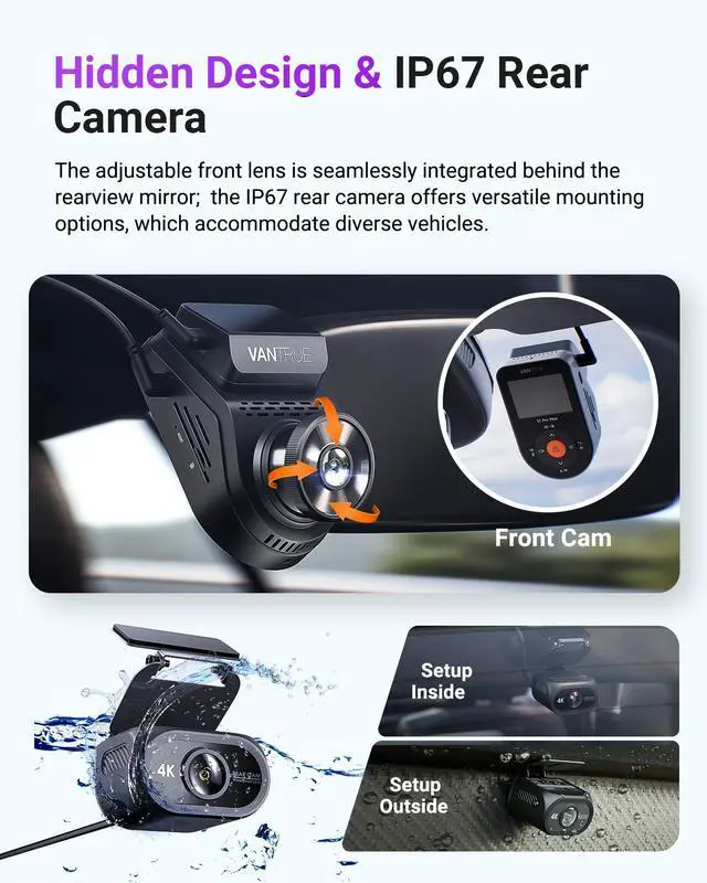 Alt view image 6 of 7 - Vantrue S1 Pro Max AI Dual 4K Dash Cam Front and Rear, 4K+4K Dash Camera with ADAS/BSD, STARVIS 2 HDR PlatePix Night Vision, 5GHz WiFi, GPS, Optional LTE, 24/7 Parking Mode, Voice Control, Support 1T
