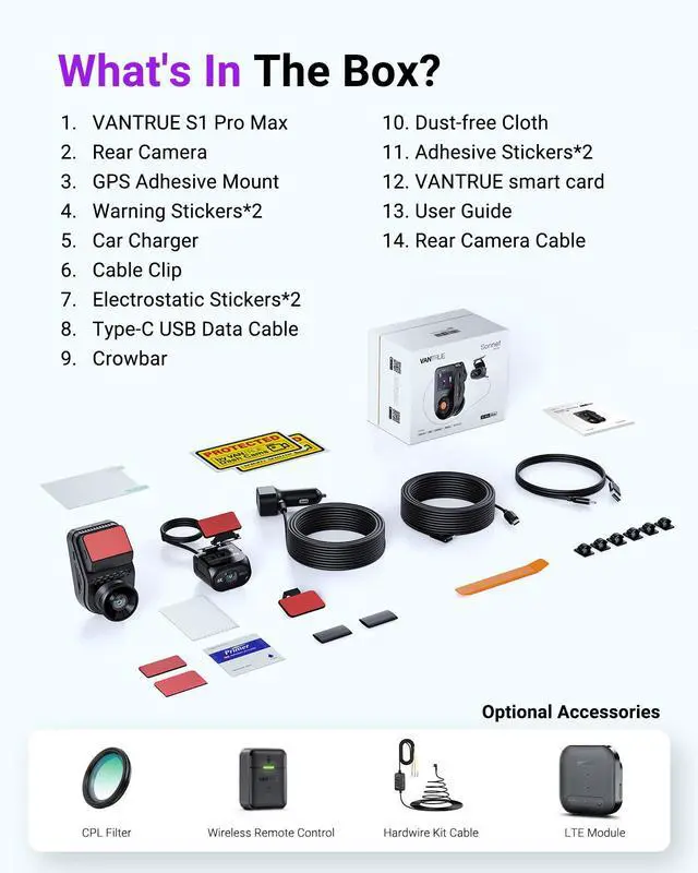 Alt view image 7 of 7 - Vantrue S1 Pro Max AI Dual 4K Dash Cam Front and Rear, 4K+4K Dash Camera with ADAS/BSD, STARVIS 2 HDR PlatePix Night Vision, 5GHz WiFi, GPS, Optional LTE, 24/7 Parking Mode, Voice Control, Support 1T