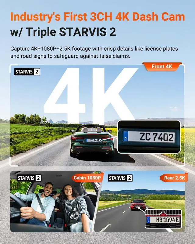 Alt view image 2 of 7 - Vantrue N4 Pro S 4K 3 Channel Dash Cam, STARVIS 2 IMX678 x PlatePix x HDR Night Vision, 4K+1080P+1440P Front Inside and Rear Dash Camera, IP67 Waterproof Rear Camera, 24H Parking Mode, Support 1TB