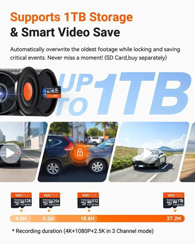Alt view image 5 of 7 - Vantrue N4 Pro S 4K 3 Channel Dash Cam, STARVIS 2 IMX678 x PlatePix x HDR Night Vision, 4K+1080P+1440P Front Inside and Rear Dash Camera, IP67 Waterproof Rear Camera, 24H Parking Mode, Support 1TB