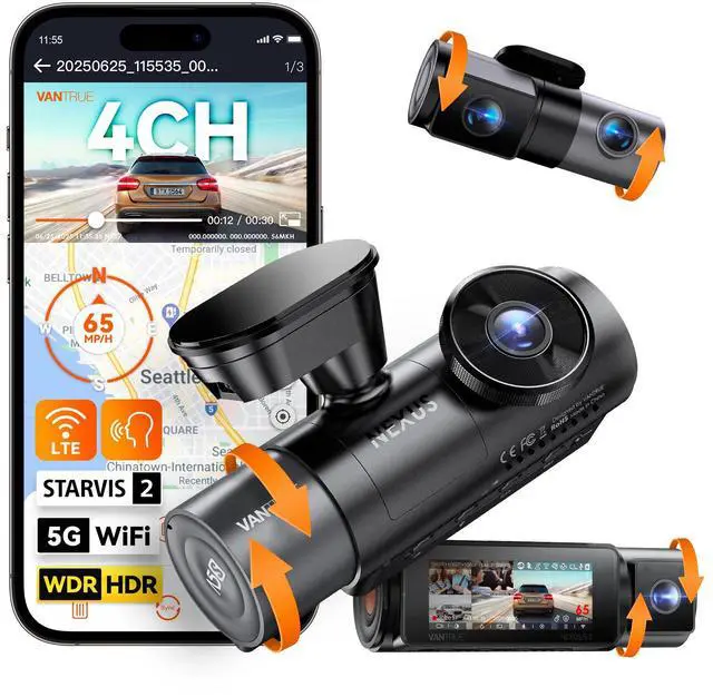 Main image of Vantrue N5S 4 Channel WiFi 360 Degree Dash Cam, STARVIS 2, IR Night Vision, 2.7K+1080P*2+1440P Front Rear Inside Dashcam, Voice Control, GPS, LTE Support, 24 Hours Parking Mode, Support 1TB Max