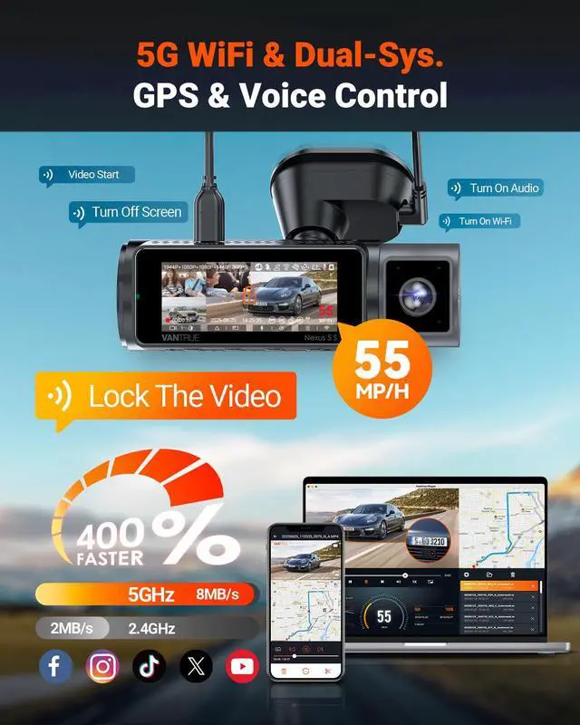 Alt view image 6 of 7 - Vantrue N5S 4 Channel WiFi 360 Degree Dash Cam, STARVIS 2, IR Night Vision, 2.7K+1080P*2+1440P Front Rear Inside Dashcam, Voice Control, GPS, LTE Support, 24 Hours Parking Mode, Support 1TB Max