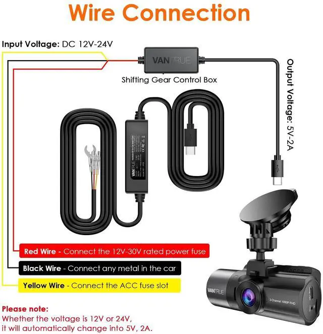 Alt view image 2 of 6 - Vantrue 26.24ft USB-C Hardwire Kit (12V24V to 5V) with Acc Functionality, Low Voltage Protection for N4(S)/N4 Pro(S)/N5(S)/N2X/E1 Pro/E360/ACE/E1 Lite/E2/S1 Pro(MAX)