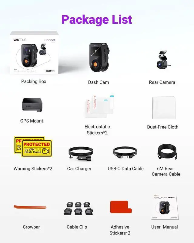 Alt view image 7 of 7 - Vantrue S1 Pro Max 4K + 2.5K AI Dual Dash Cam Front and Rear,STARVIS 2 Night Vision,Optional Remote Live View, GPS, Voice Control, 24/7 Parking Mode, Support 1TB Max