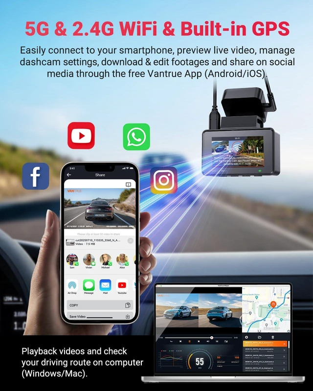 Alt view image 3 of 5 - Vantrue E2 Pro Dash Cam Front and Rear, 2.5K Upgrade Rear Cam, 4K+2.5K Dash Camera for Cars, Voice Control, WiFi, GPS, Night Vision, 24H Parking Mode, Loop Recording, 2.45" IPS, Support 1TB