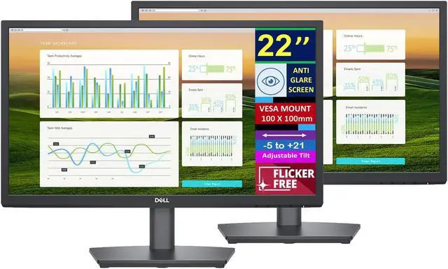 Main image of Dell 22" FHD VA 60Hz Display Monitor with Anti-Glare, VESA Mount (100x100mm), Flicker Free, Stereo Speakers, 1x HDMI, 1x DP, 1x VGA, Ideal for Home & Business, Black (2024 Latest Model) (2 Pack)
