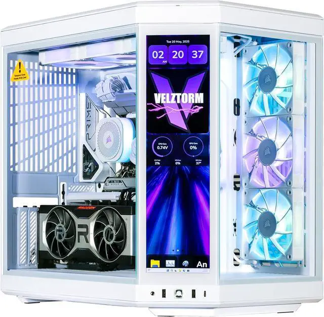 Main image of Velztorm LCD Praetix Custom Built Y70 Touch Gaming Desktop PC (Intel i9-14900K, Radeon RX 9070 XT, 32GB DDR5, 2TB PCIe SSD, RGB Fans, 360mm AIO, 1000W PSU, WiFi 6, Bluetooth 5.2, RJ-45, Win 11 Pro)