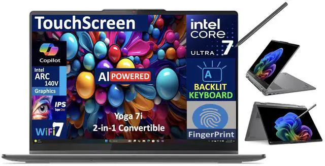 Main image of Lenovo Yoga 7i AI PC 2-in-1 Laptop 16.0" Touchscreen IPS WUXGA Display (Intel Ultra 7-256V, 16GB LPDDR5X, 1TB SSD, Active Pen, Backlit KB, Fingerprint, 2 Thunderbolt 4, WiFi 7, Webcam, Win 11 Pro)