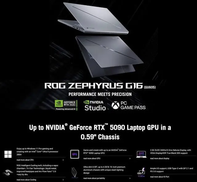 Alt view image 3 of 7 - ASUS ROG Zephyrus G16 AI Gaming Laptop 16.0" 240Hz OLED WQXGA Display (Intel Ultra 9-285H, GeForce RTX 5090 24GB, 64GB LPDDR5X, 8TB PCIe SSD, RGB KB, Thunderbolt 4, WiFi 7, Webcam, Win 11 Pro)