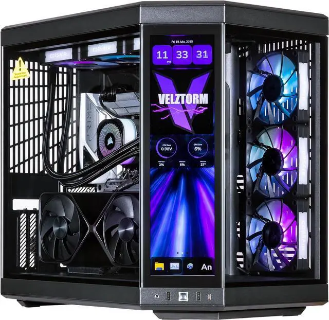 Main image of Velztorm LCD Black Praetix Custom Built Gaming Desktop PC (Intel i9-14900K, GeForce RTX 5070 Ti, 32GB DDR5, 2TB PCIe SSD, RGB Fans, 360mm AIO, 1000W PSU, WiFi 6E, Bluetooth 5.2, RJ-45, Win 11 Pro)