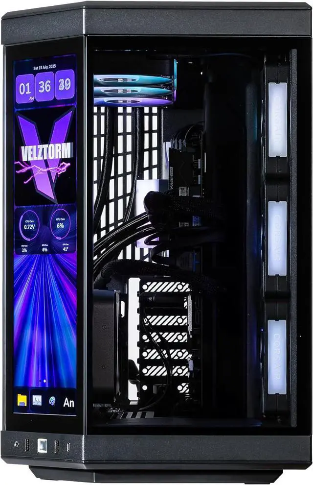 Alt view image 6 of 7 - Velztorm LCD Black Praetix Custom Built Gaming Desktop PC (Intel i9-14900K, GeForce RTX 5070 Ti, 32GB DDR5, 2TB PCIe SSD, RGB Fans, 360mm AIO, 1000W PSU, WiFi 6E, Bluetooth 5.2, RJ-45, Win 11 Pro)