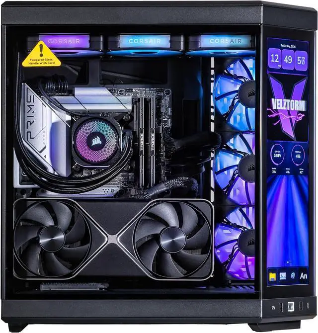 Alt view image 3 of 7 - Velztorm LCD Black Praetix Custom Built Gaming Desktop PC (Intel i9-14900K, GeForce RTX 5070 Ti, 32GB DDR5, 2TB PCIe SSD, RGB Fans, 360mm AIO, 1000W PSU, WiFi 6E, Bluetooth 5.2, RJ-45, Win 11 Pro)